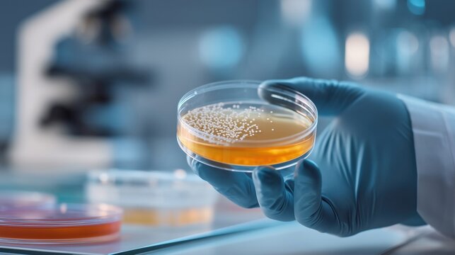 Scientist holding petri dish with yeast culture