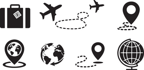 Travel and navigation icon set black silhouette