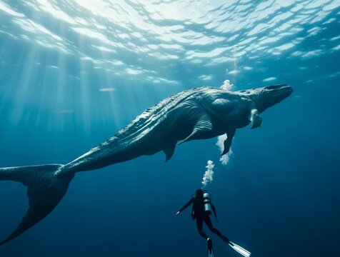 Diver swimming alongside a prehistoric marine creature