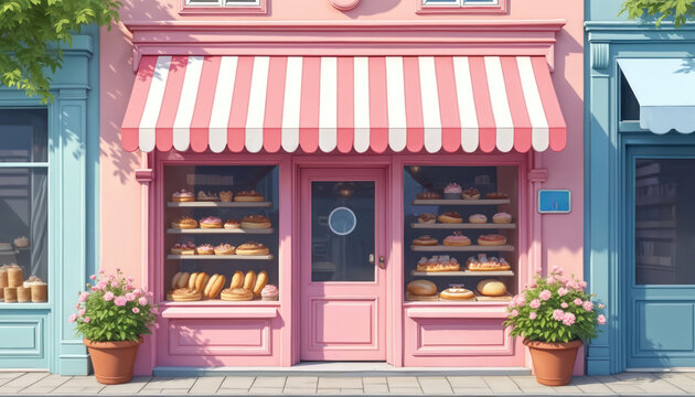 Charming pink bakery exterior with pastel awning displays fresh bread and pastries. Cute storefront invites customers with sweet treats and floral decor on sidewalk.