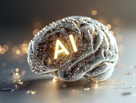 Brain with "AI" microship glowing on it