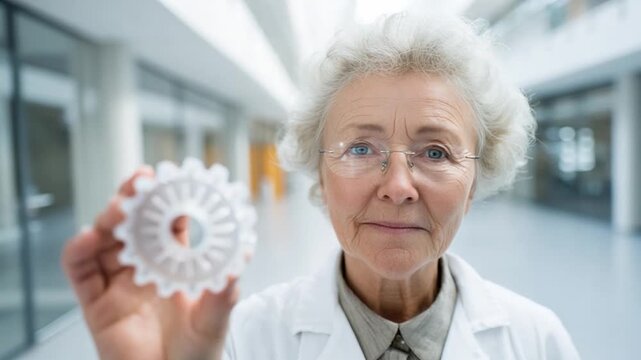 Elderly Female Professor with 3D Printed Gear
