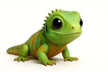 Fototapeta premium Vibrant Cartoon Baby Green Iguana Lizard with Big Eyes on White Background