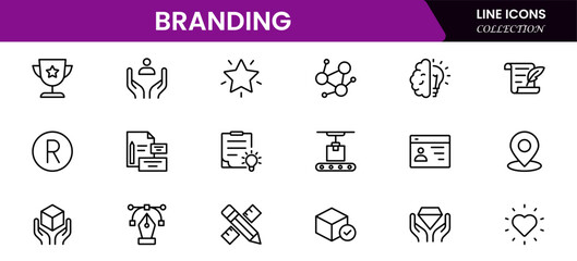Branding icon set. Containing marketing, product, brand value, design, logo, brand development, social media, advertising and loyal customers icons