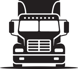 Obraz premium Black and white line of a front view of a semi truck with a detailed grille and headlights