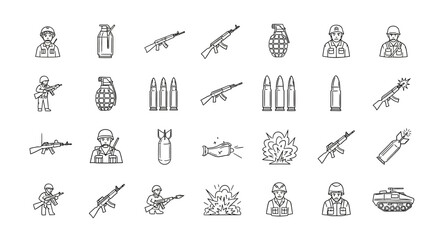 Set of military icons and symbols hand drawn sketch style collection of weapons, soldiers, grenades, tanks, and ammunition for army or war theme design elements