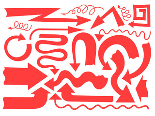 Red arrows vector set. Collection of different directional pointers for infographic, business presentation, web design and roadmap. Isolated on white background.