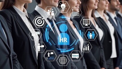 Business Professionals and HR Technology. Diverse Team with Digital Overlay Representing Human Resources Management.

 - Powered by Adobe