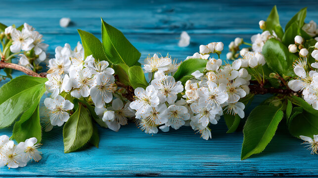 Floral frame decoration with blooming spring branch on rustic blue wood background, botanical border design, natural ornamental element, with copy space