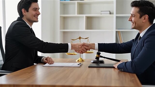 Lawyers Shaking Hands. Legal Agreement and Justice Concept with Gavel and Scales of Justice on Desk.


