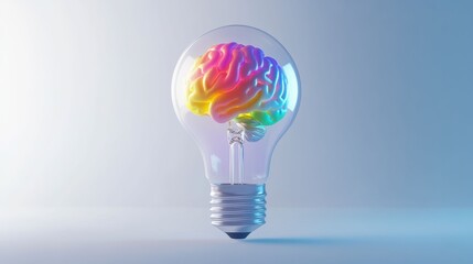 Fototapeta premium A 3D light bulb with a brain inside represents the connection between human intelligence and innovative technology.