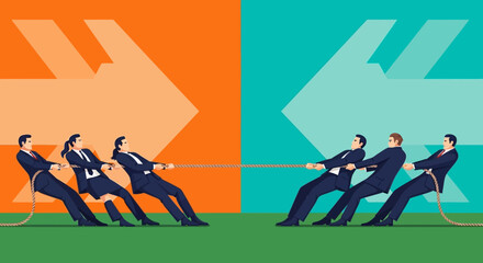 Business conflict and competition concept with two teams of businessmen pulling a rope in opposite directions, symbolizing rivalry, tug of war, and opposing strategies in corporate environment