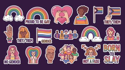 A collection of diverse LGBTQ+ pride stickers featuring rainbows, flags, and empowering messages.