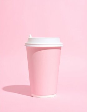 Ein hellrosafarbener, minimalistischer Coffee-to-go-Becher mit wei&szlig;em Deckel steht vor einem schlichten, neutralen Hintergrund.