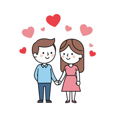 Cartoon Couple Holding Hands with Hearts Above Them in a Romantic Illustration