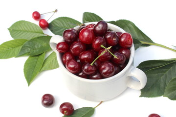 There is a pile of ripe juicy cherries on the plate.	