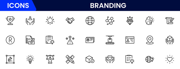 Branding icon set. Containing marketing, product, brand value, design, logo, brand development, social media, advertising and loyal customers icons