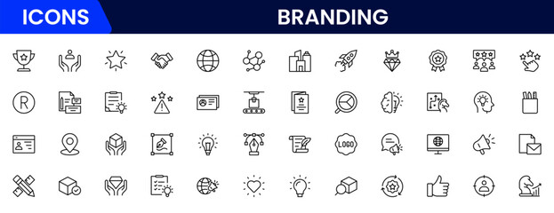 Branding icon set. Containing marketing, product, brand value, design, logo, brand development, social media, advertising and loyal customers icons