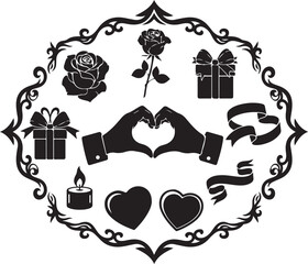 Romantic celebration icons inside ornate frame