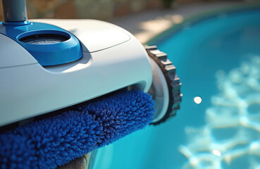 Robotic pool cleaner with blue brush on edge of clean blue water. Automatic device cleans swimming pool walls bottom, filters water. Modern tech for easy pool maintenance.