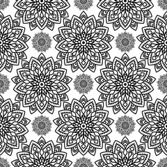 seamless pattern, black and white, monochrome, mandala, floral, lotus flower, repeating background, ornamental, decorative, oriental, Indian, ethnic, tribal, bohemian, boho, wallpaper, textile design,