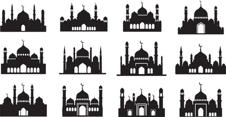 Twelve black mosque silhouette icons vector set