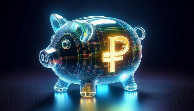 futuristic holographic piggy bank with golden russian ruble sign symbolizing digital currency savings secure storage and online financial accumulation digital piggy bank with russian ruble symbol - Powered by Adobe