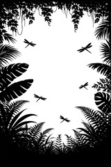 Tropical jungle frame with birds butterflies and waterfall, Transparent Background