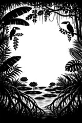 Tropical jungle frame with birds butterflies and waterfall, Transparent Background