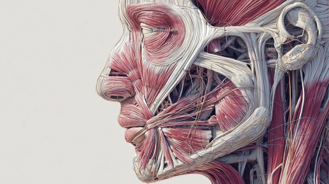 Moebius Syndrome Awareness Day: scientific cutaway illustration of the human face showing facial muscle innervation affected by Moebius syndrome, precise anatomy, layered tissues