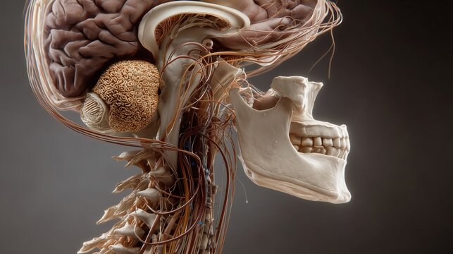 Moebius Syndrome Awareness Day: scientific illustration of brainstem development related to Moebius syndrome, detailed brainstem anatomy and cranial nerve nuclei, accurate proportions