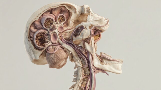 Moebius Syndrome Awareness Day: scientific illustration of brainstem development related to Moebius syndrome, detailed brainstem anatomy and cranial nerve nuclei, accurate proportions