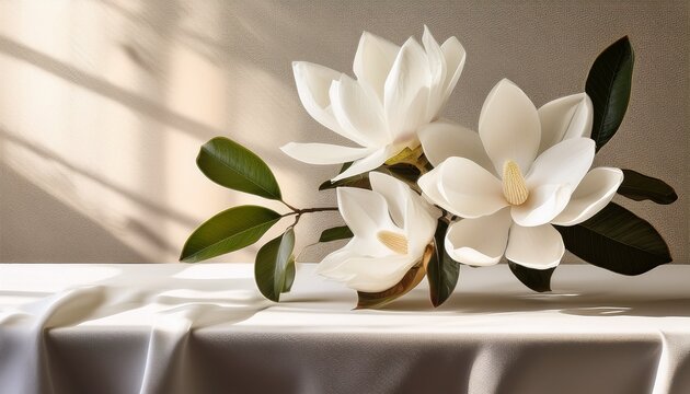white magnolias placed gracefully on a clean soft cream table featuring delicate understated lines