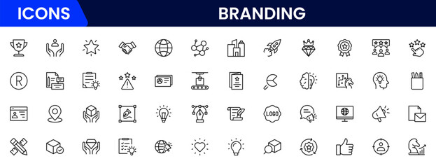 Branding icon set. Containing marketing, product, brand value, design, logo, brand development, social media, advertising and loyal customers icons