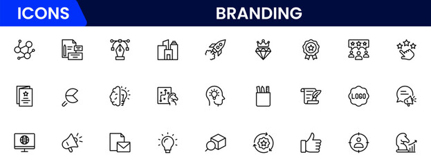 Branding icon set. Containing marketing, product, brand value, design, logo, brand development, social media, advertising and loyal customers icons