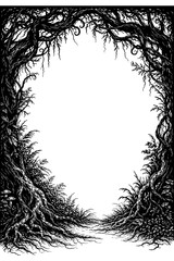 Dark twisted tree root frame with tangled branches, Transparent Background