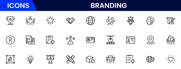 Branding icon set. Containing marketing, product, brand value, design, logo, brand development, social media, advertising and loyal customers icons