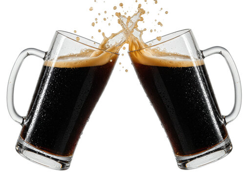Hyper-realistic macro close-up of two clinking beer steins filled with dark stout, dramatic frozen splash and condensation, volumetric backlighting on transparent background, concept for beverage