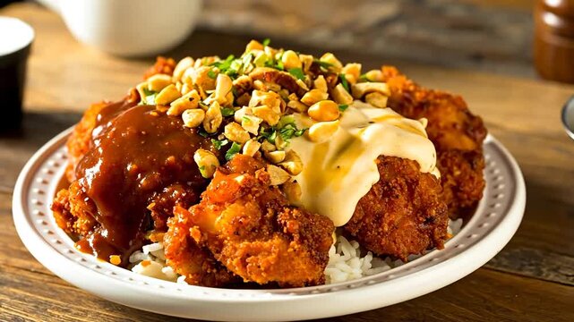 Fried chicken dish with sauces, peanuts, and rice on a white plate. Close-up photo on wooden surface