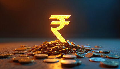 Golden Indian Rupee symbol rests on pile of coins. Represents economic growth and financial success in India. Shows accumulation of wealth, capital gains, and investment.