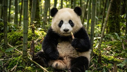 Obraz premium Giant panda cub in bamboo forest(竹林の中のジャイアントパンダの子供)