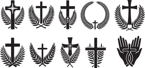 Christian cross and laurel wreath icon set