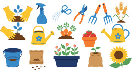 Vector Collection of Gardening and Planting Tools; Hands, Watering Cans, Seeds, Trowel, Rake, Spray Bottle, and Harvested Vegetables.