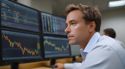 A focused man observes complex financial market data displayed on multiple computer monitors in a professional office setting