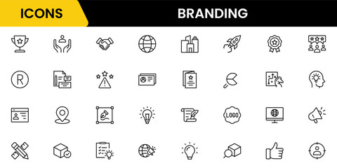 Branding icon set. Containing marketing, product, brand value, design, logo, brand development, social media, advertising and loyal customers icons