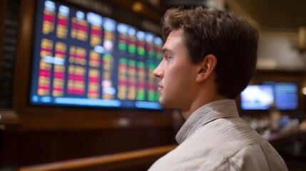 A young man in profile observes a large digital display showing market data with red and green indicators