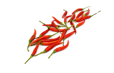  Stack red chili peppers and basil herb leaves  on the white