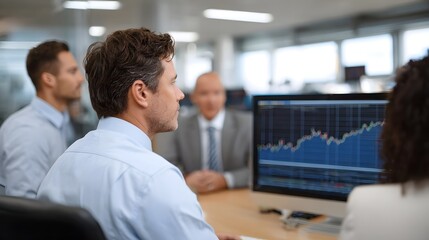 A group of professionals in a modern office discussing financial data on a computer screen displaying a market graph