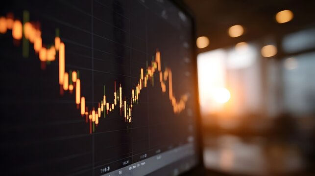 A financial trading graph displays trends on a screen with a sunset glow in the background - Powered by Adobe