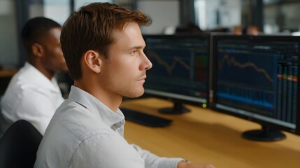Two businessmen in an office environment intently focused on financial trading data displayed on multiple computer monitors